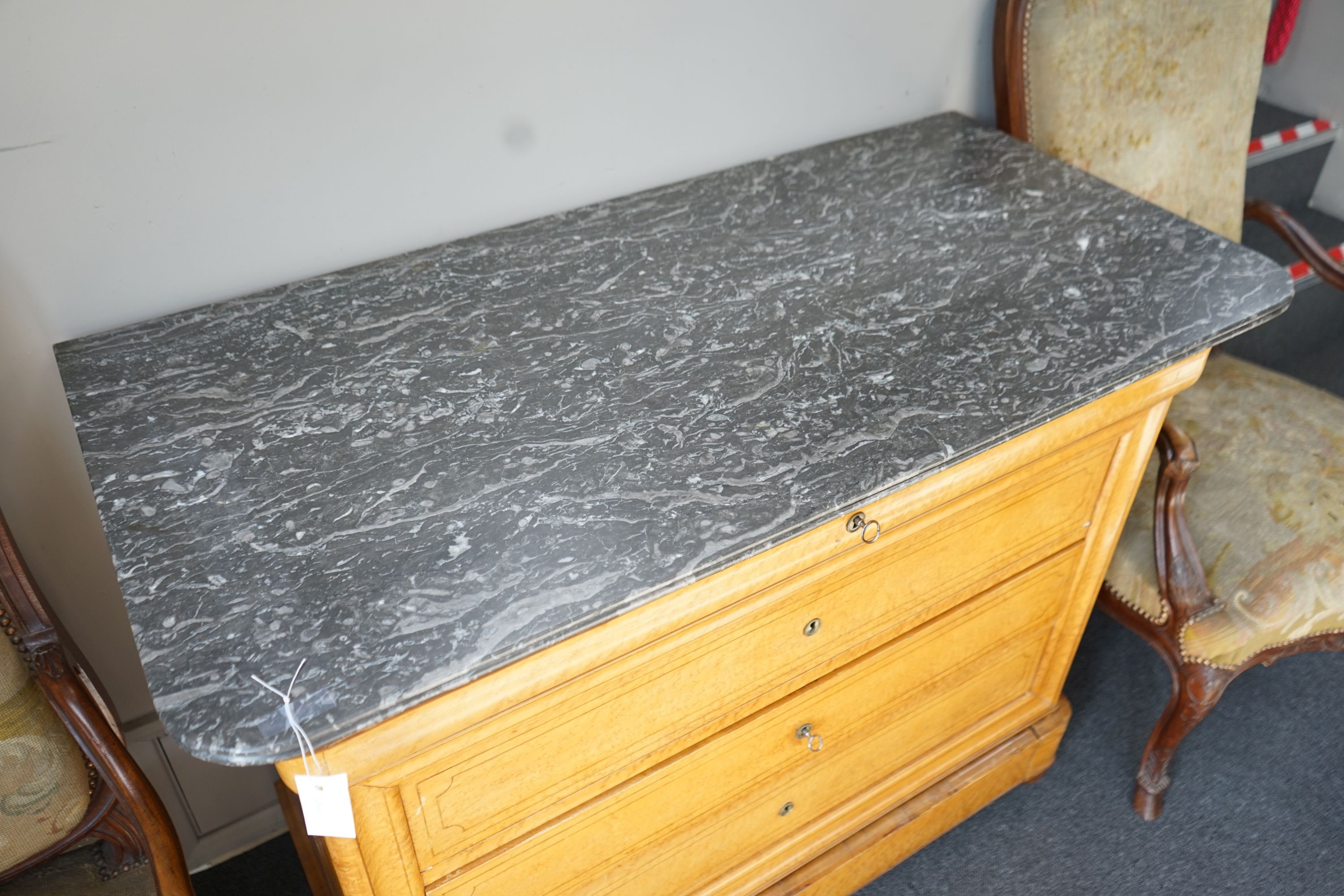 A 19th century French maple marble top commode, width 126cm, depth 61cm, height 96cm